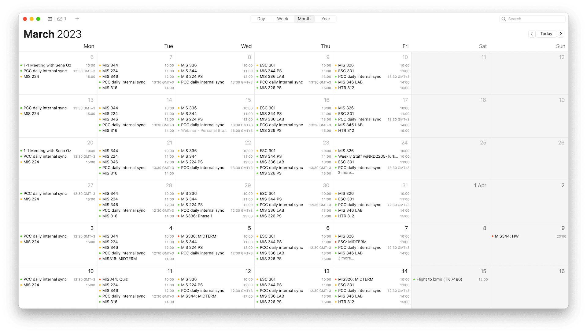 Calendar month view for March 2023, with MIS course blocks across the weekdays alongside recurring daily work syncs, plus midterms and quizzes.
