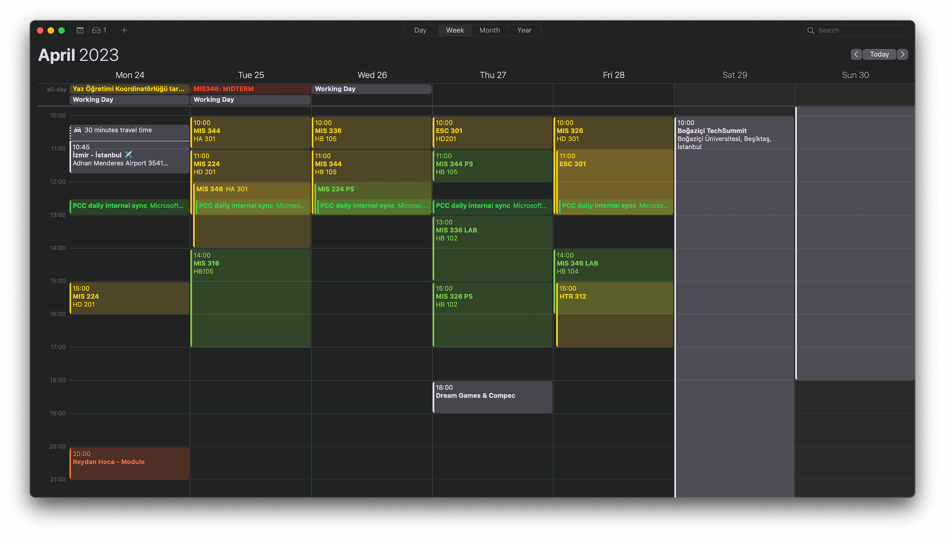 Calendar week view for late April 2023, showing colour-coded course and lab blocks layered with work meetings, a midterm, and travel.